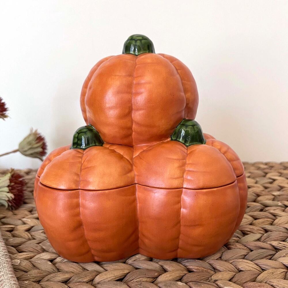 Vintage Autumn Lidded Ceramic Pumpkins Candy Bowl by Dona's Molds 1986 Halloween